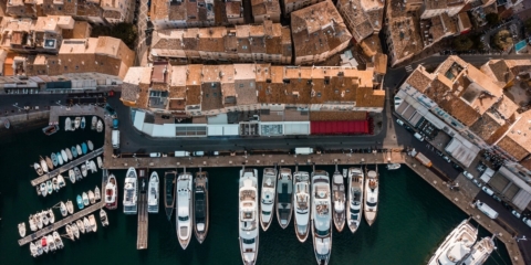 saint tropez harbor aerial yachts sunset
